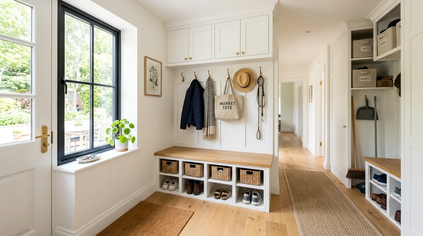 Use lighting that makes the space feel warm not harsh inspiration for a mudroom entryway.